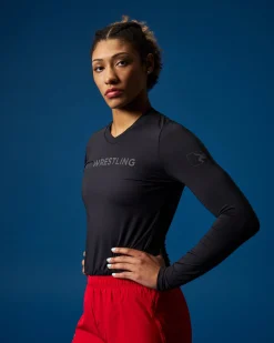 USA Wrestling Wordmark Performance Women's V-Neck Long Sleeve